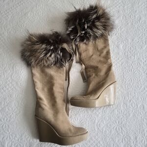 Dior TanHeeled Boots with Fur Trim